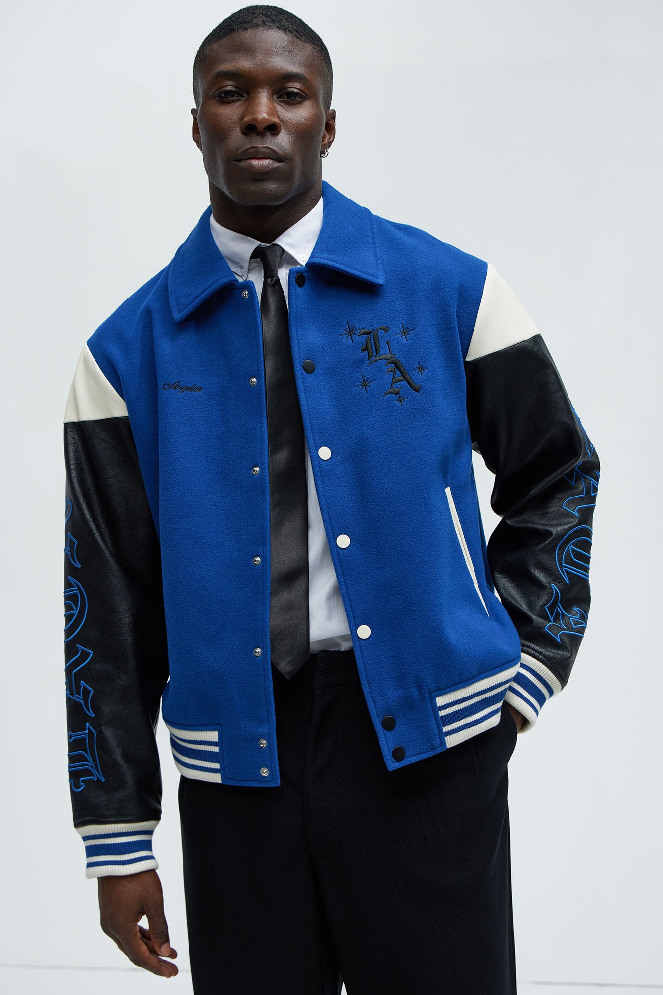 Angel Varsity Jacket - Blue Cotton Blend with Ribbed Collar and Cuffs