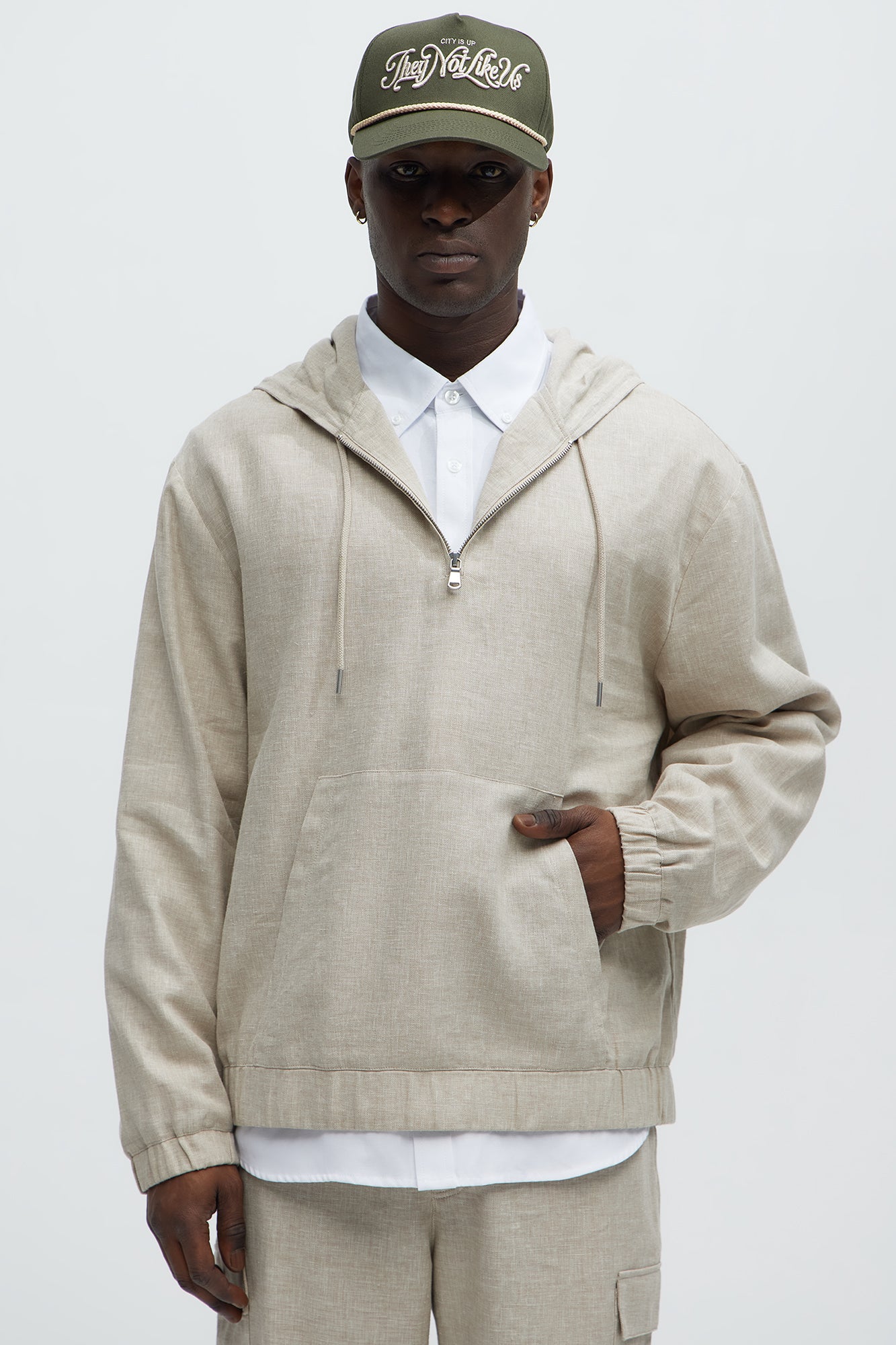 Bahamas Linen Relaxed Quarter Zip Hoodie - Stone