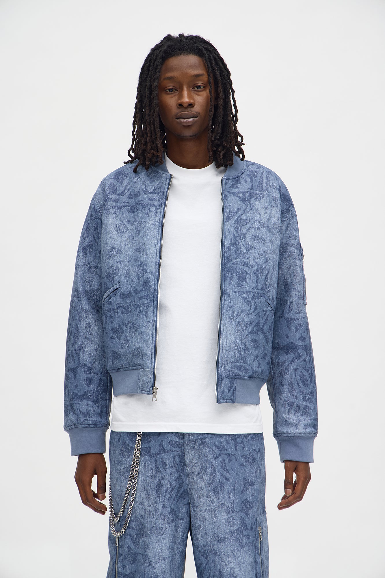 Blue Relaxed Denim Printed Graffiti Faux Leather Bomber Jacket