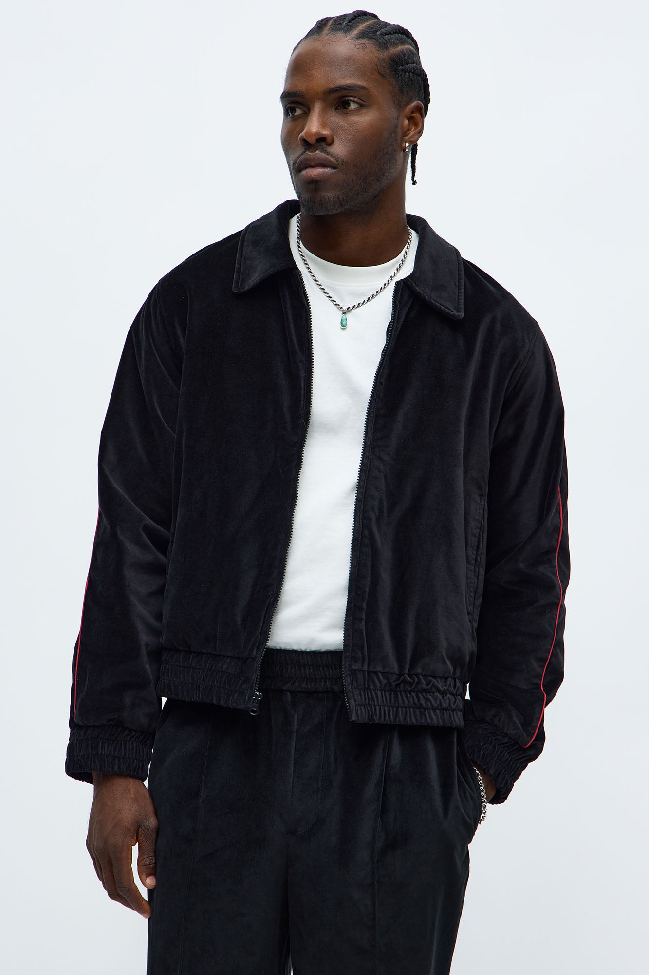 Cropped Around The Track Faux Velour Piped Zip Jacket Black