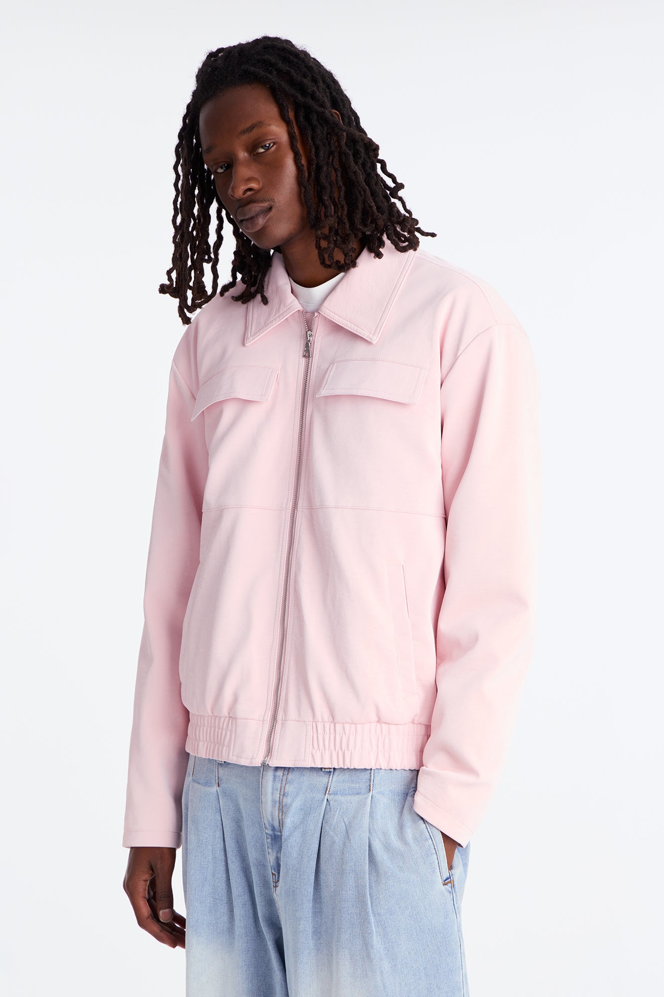 Cropped Coated Padded Faux Leather Bomber Jacket in Pink