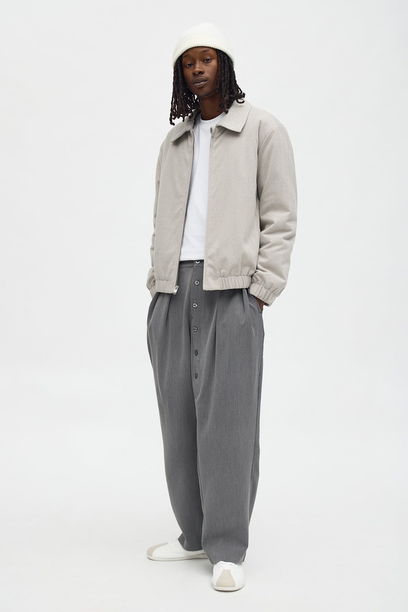 Elevated Padded Herringbone Bomber Jacket - Grey