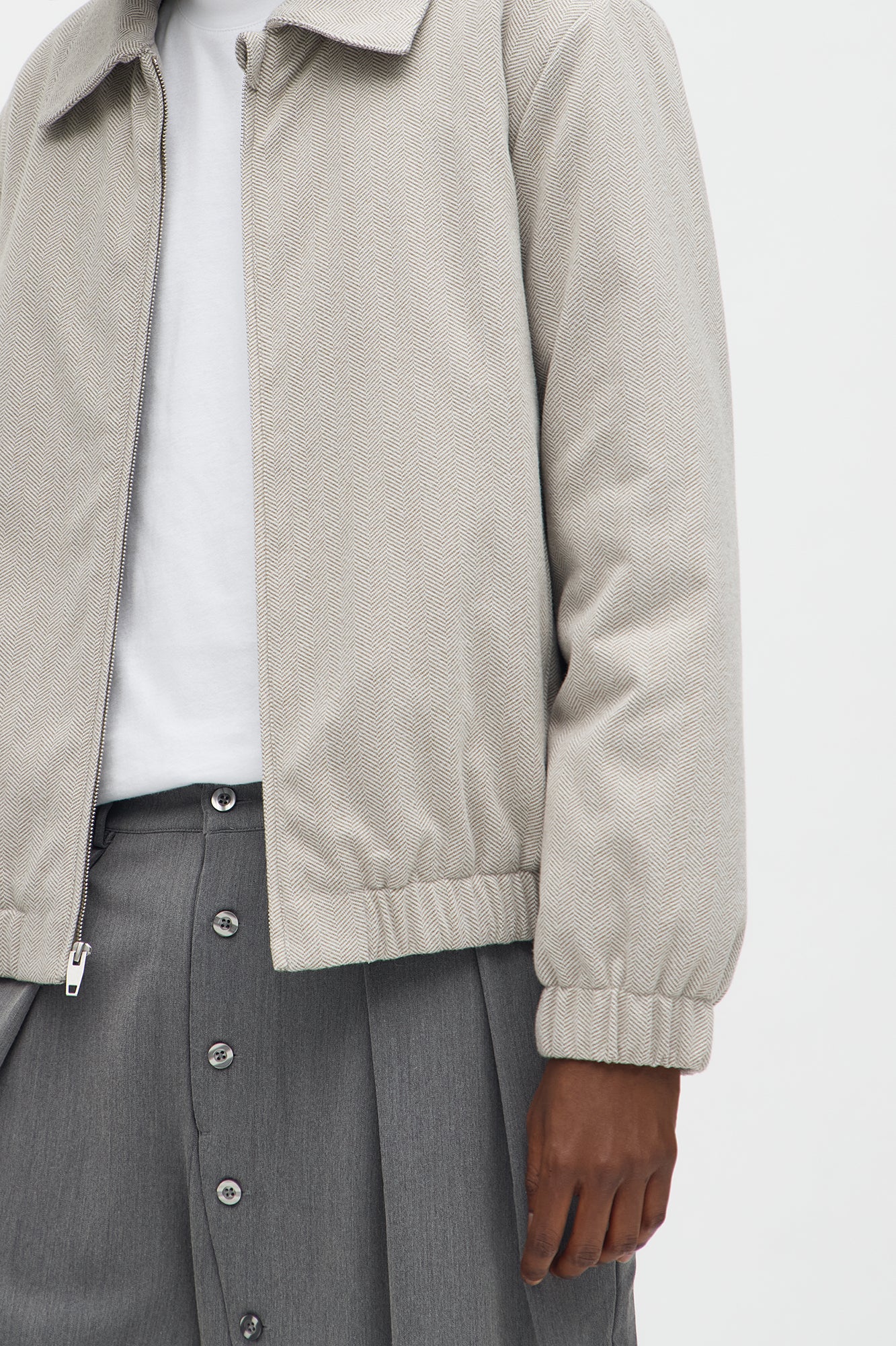 Elevated Padded Herringbone Bomber Jacket - Grey