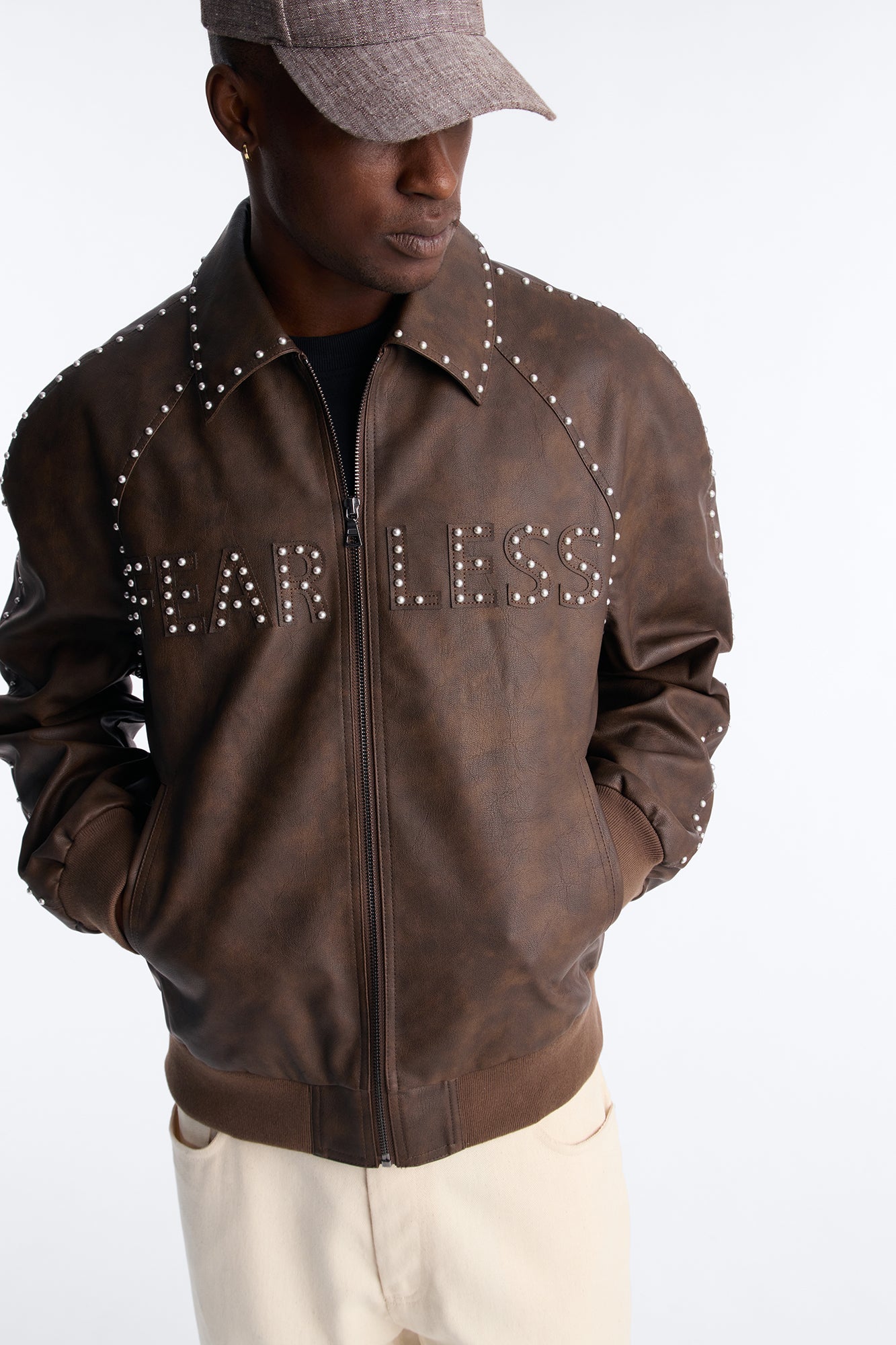 Fearless Victory Brown Faux Leather Studded Bomber Jacket