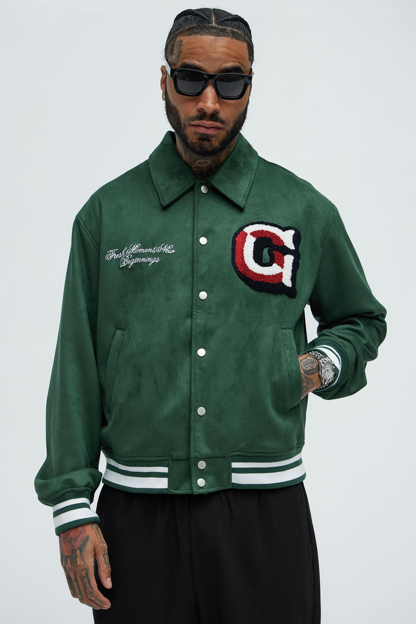 Good As Gold Varsity Jacket - Green Cotton Blend Baseball Style