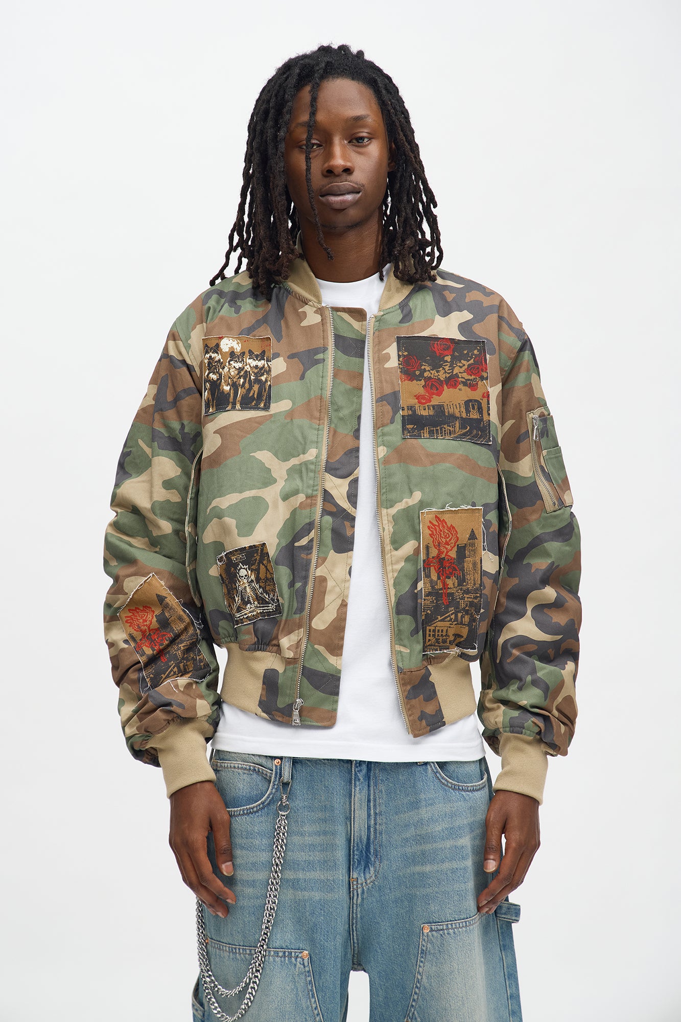 Oversized Padded Distressed Patched Bomber Jacket - Camouflage