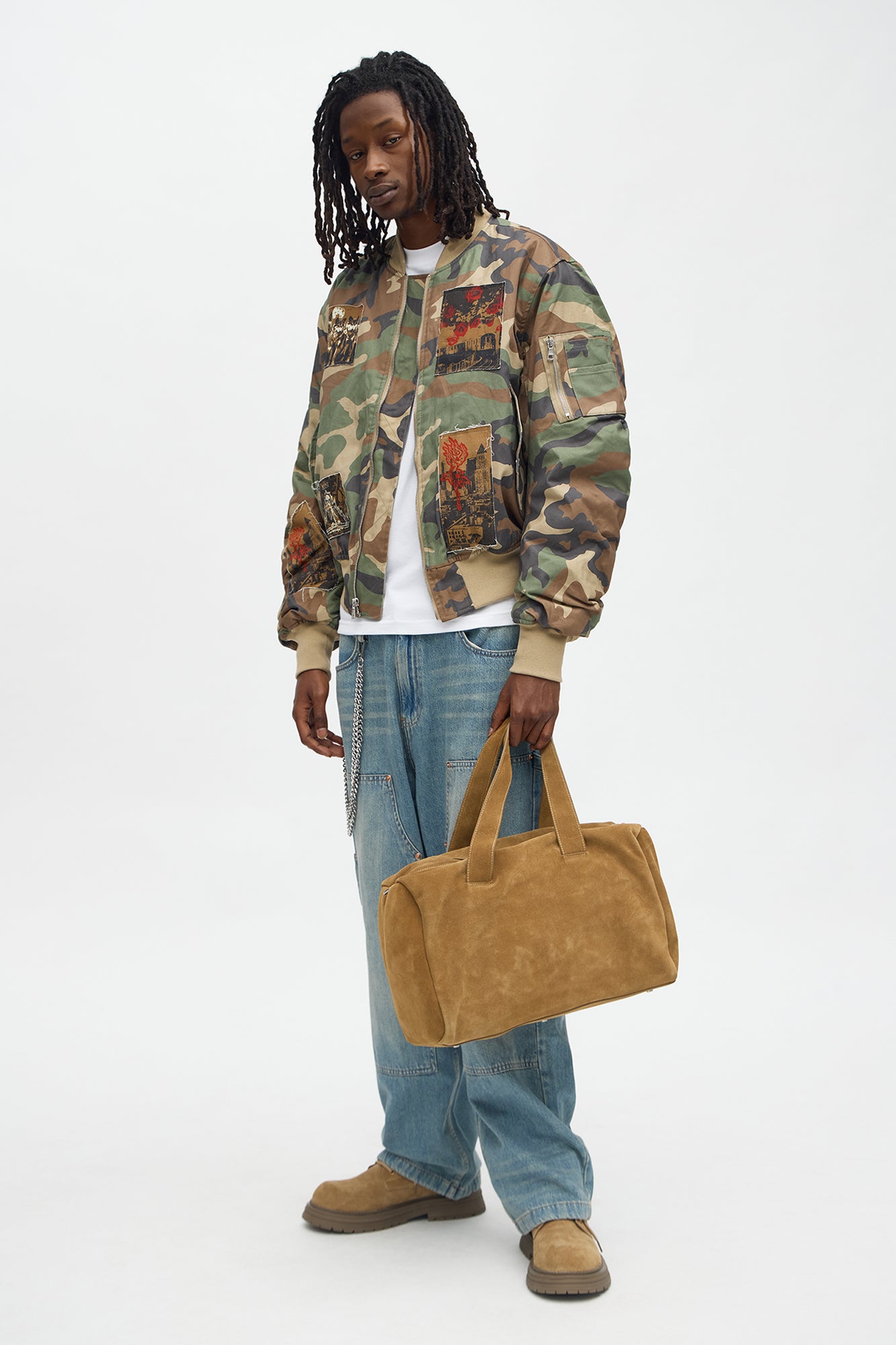 Oversized Padded Distressed Patched Bomber Jacket - Camouflage