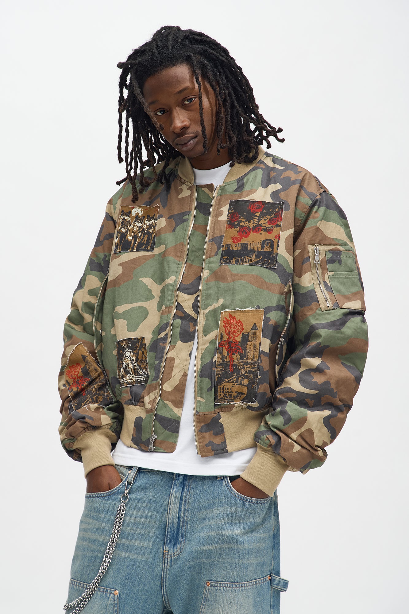 Oversized Padded Distressed Patched Bomber Jacket - Camouflage