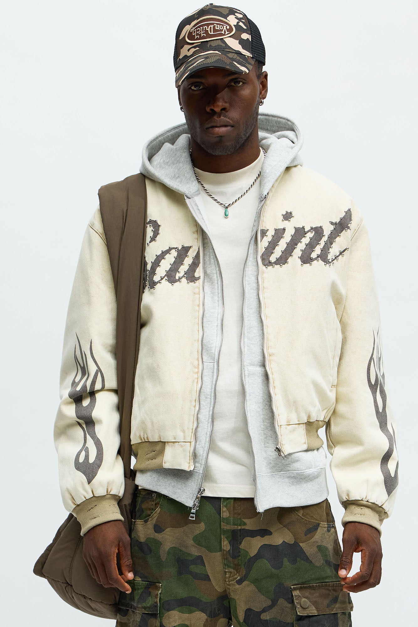 Oversized Studded Saint Utility Bomber Jacket - Stone/Combo