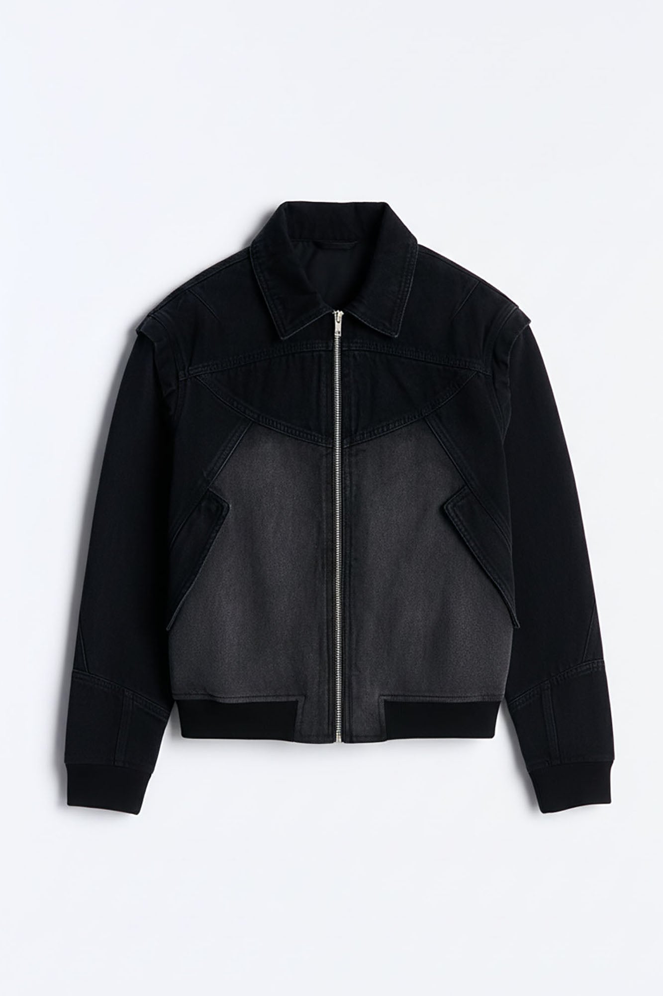 Paneled Denim Bomber Jacket in Black Wash - Unisex Streetwear