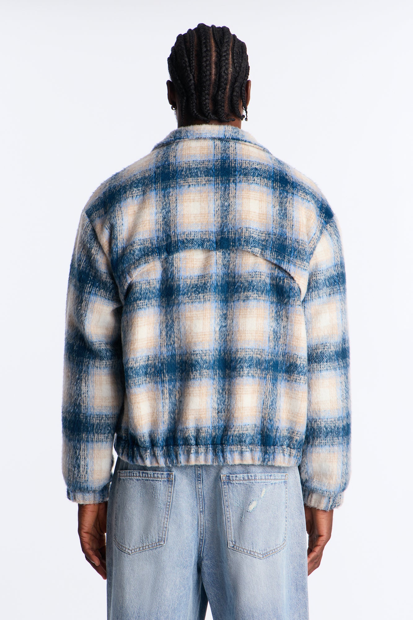 Relaxed Blue Faux Wool Plaid Cozy Bomber Jacket