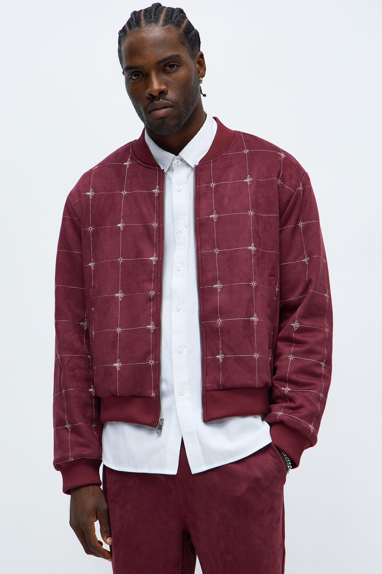 Relaxed Faux Velvet Buzzed Bomber Jacket in Burgundy