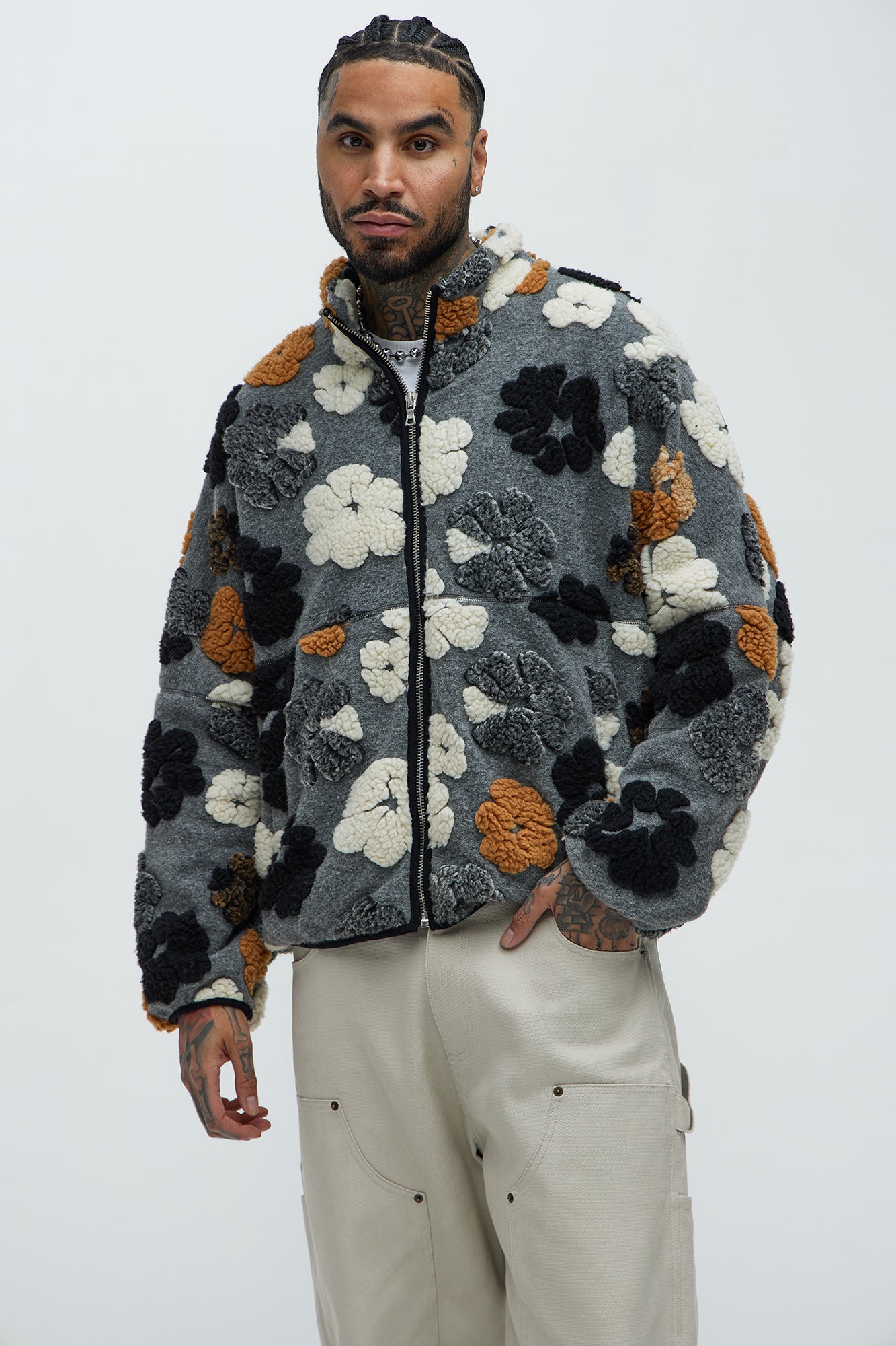 Sherpa Tears Oversized Zip Jacket Grey Combo