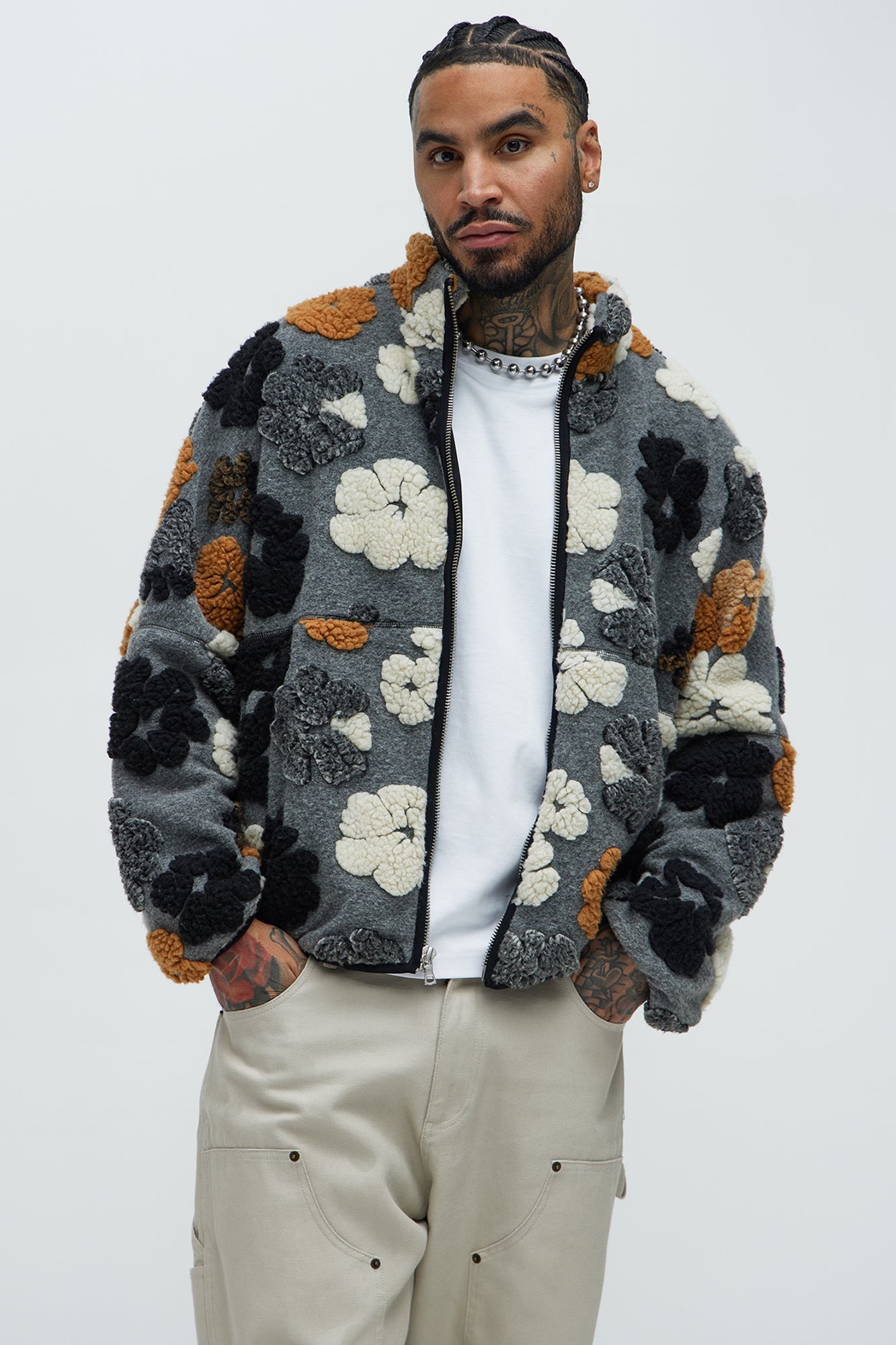 Sherpa Tears Oversized Zip Jacket Grey Combo