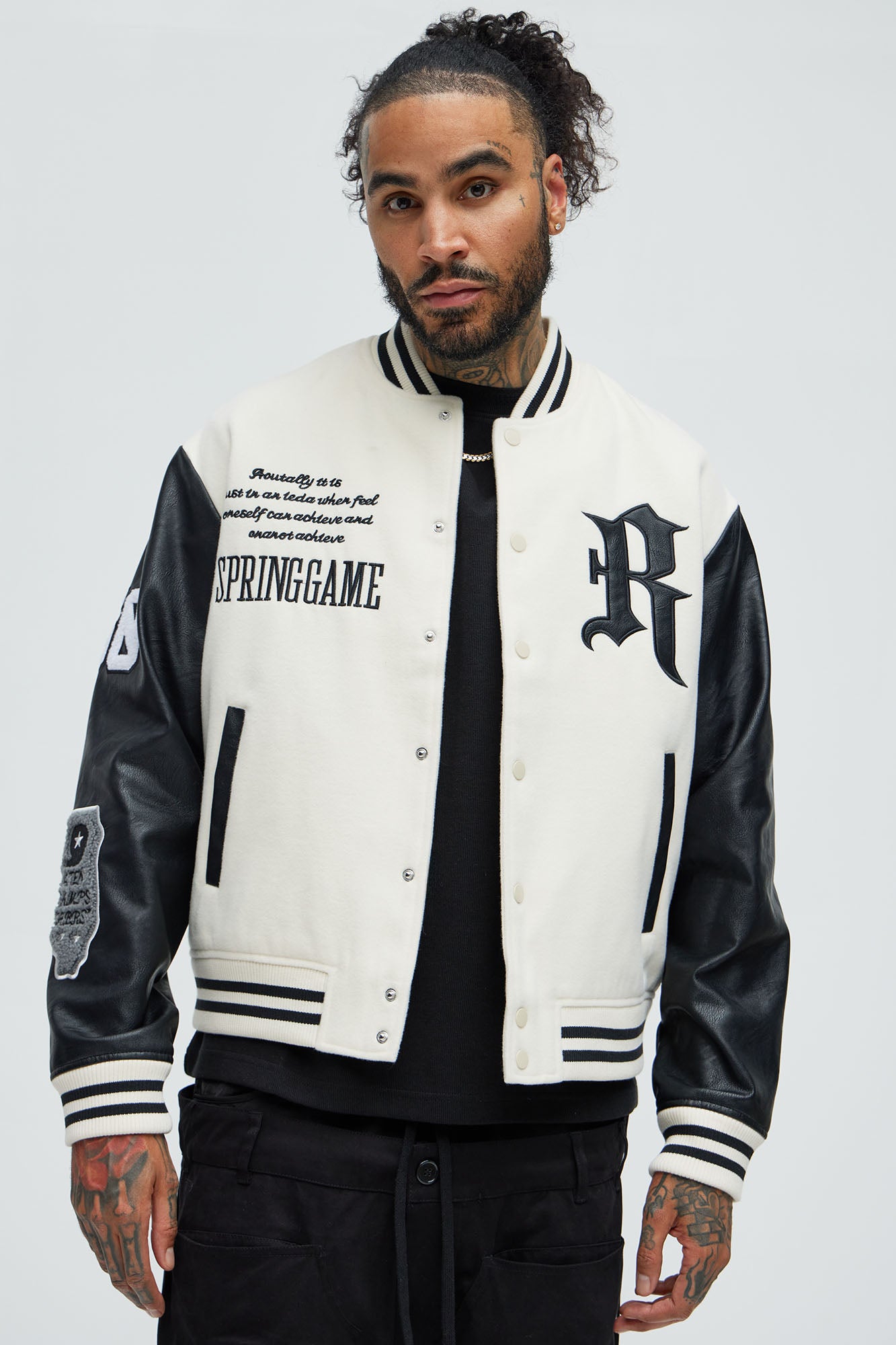 Spring Game Varsity Jacket - Cream Cotton Blend with Ribbed Collar and Cuffs