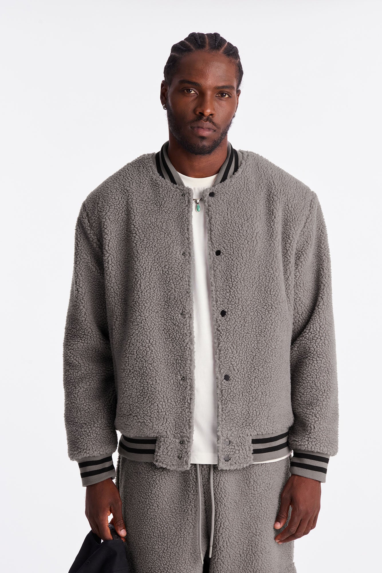 Teddy Varsity Sherpa Jacket - Grey Fleece Lined Bomber Jacket