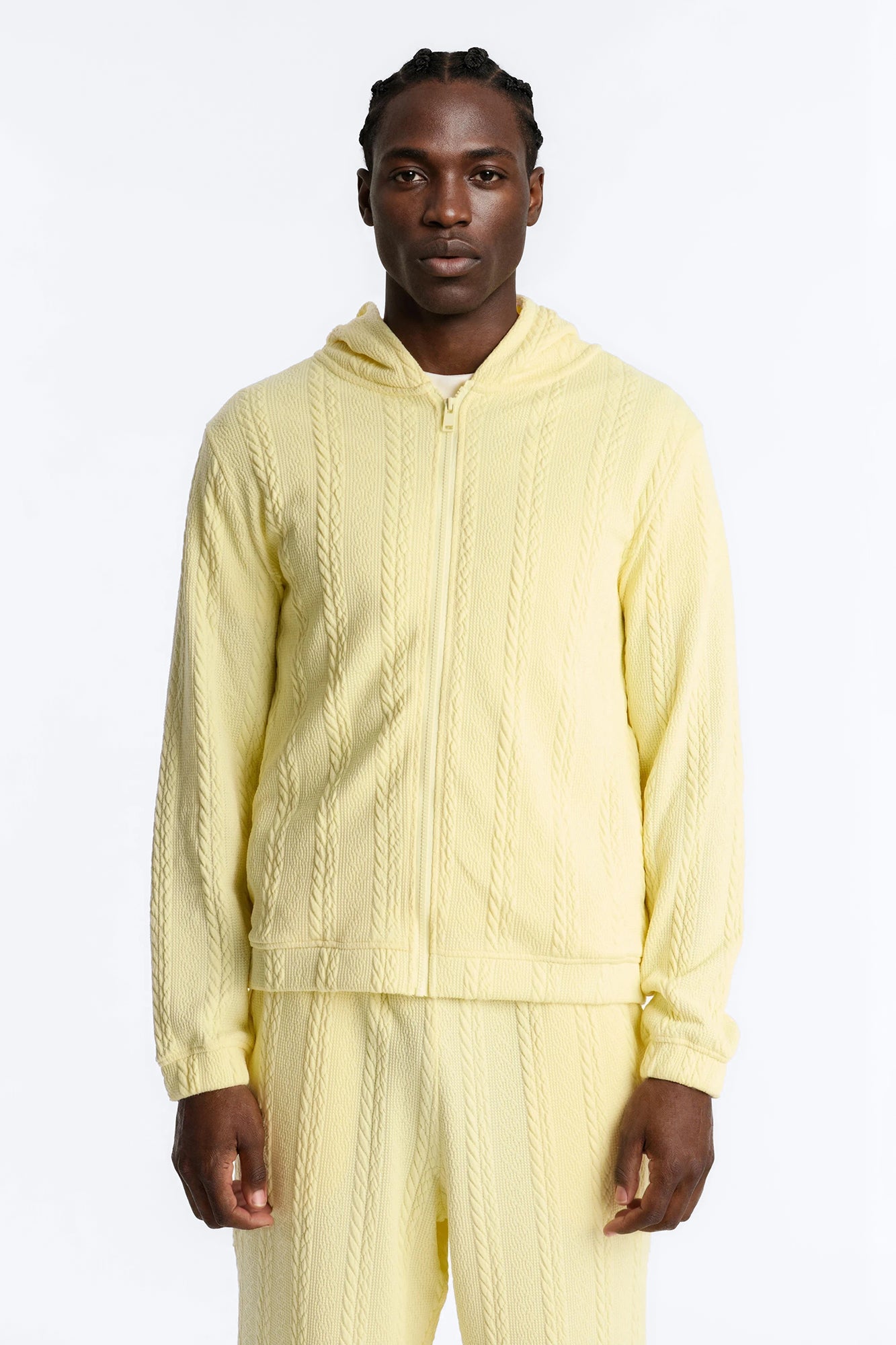 Textured Cozy Braided Hooded Jacket in Butter Yellow