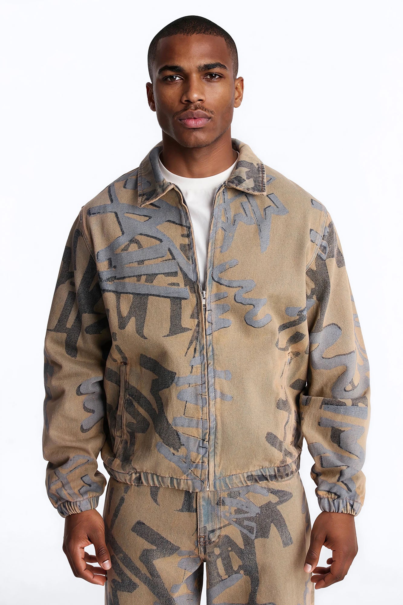 Vintage Graffiti Denim Bomber Jacket - Vintage Wash