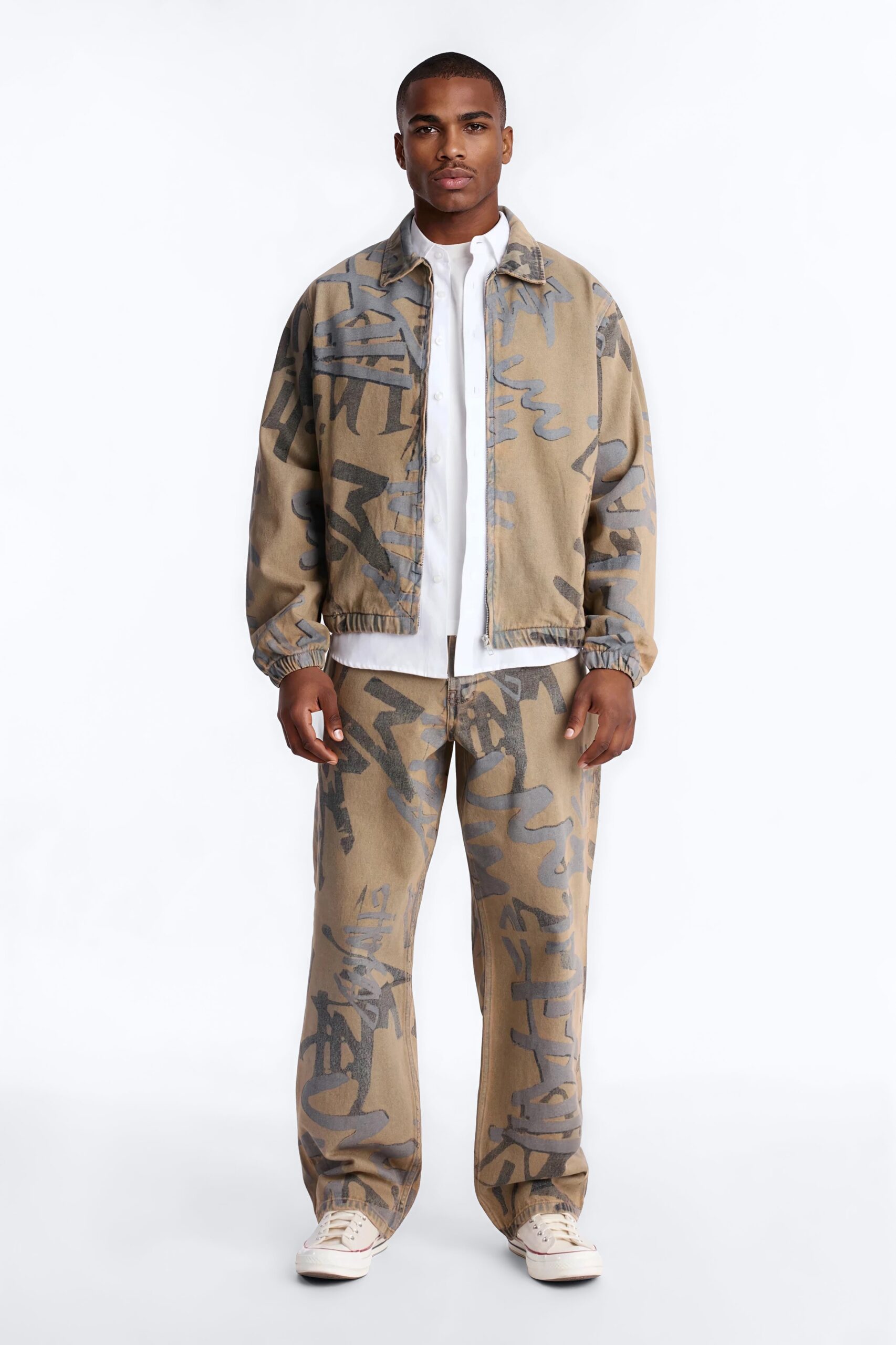 Vintage Graffiti Denim Bomber Jacket - Vintage Wash